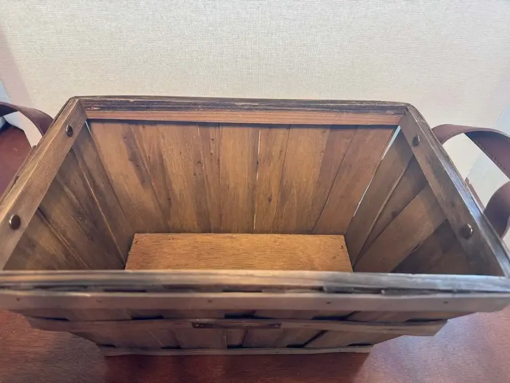 Harry & David Rustic Rectangular Wood Storage Basket with Faux Leather Handles